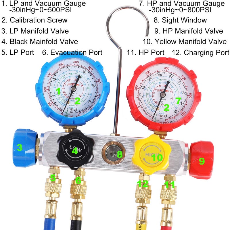 JIFETOR 4 Way AC Manifold Gauge Set, HVAC Diagnostic Refrigerant Charging Tool for Auto Household R404A R134A R410A, with 5FT Hose, Adjustable Quick Coupler, Adjustable Can Tap, Tank Adapters - Image 5